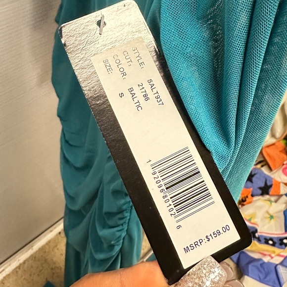 Bebe Off Shoulder Asymmetrical Mesh Gown - Picture 6 of 7